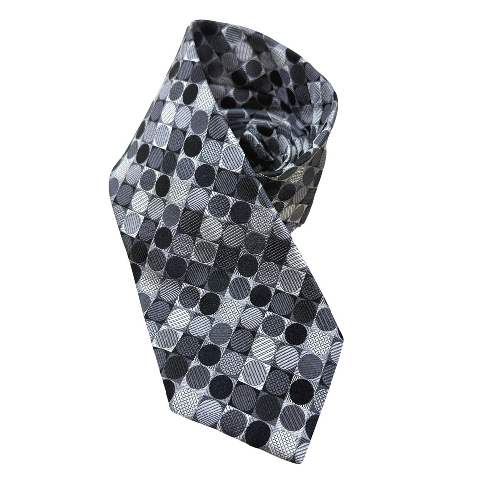 100% Silk Necktie Mens Black Gray Geometric Circle Pattern Formal Geoffrey Beene